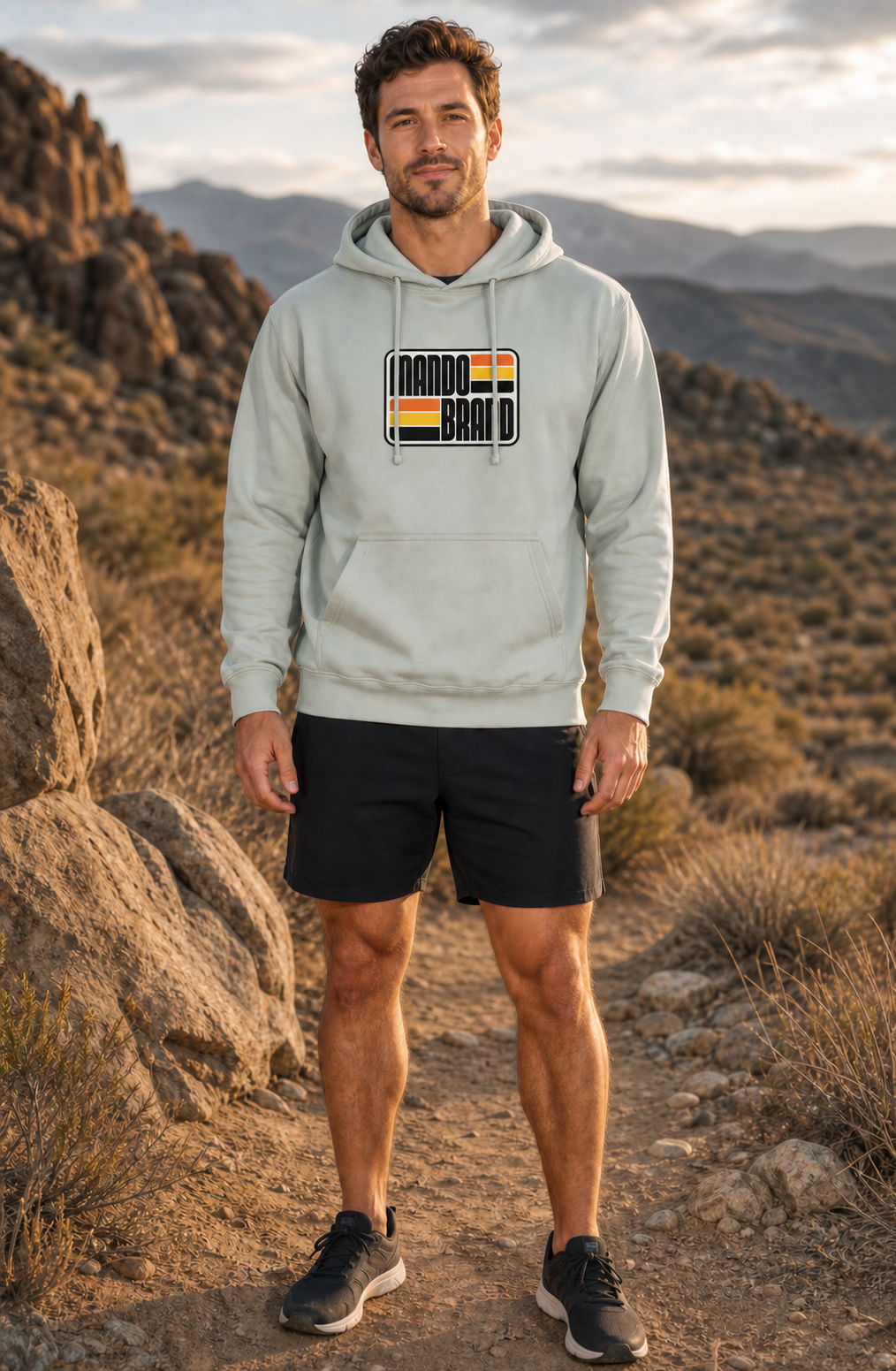 Man wearing Mando Brand North Park Standard hoodie in Dusty Sage with shorts, desert trail at golden hour